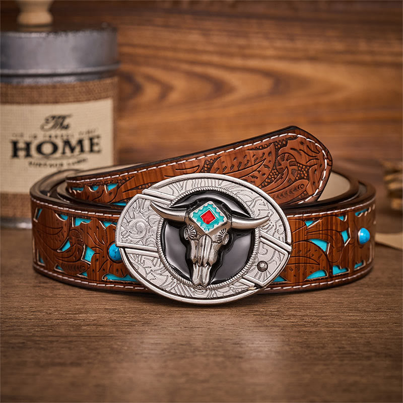 Ceinture en cuir avec boucle de couteau pliant dissimulée Desert Spirit Aztec en forme de crâne de taureau et motif de couteau pliant caché - Taureau aztèque - Ceinture turquoise sculptée - 42 - image 3