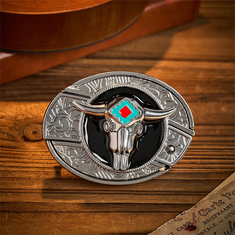 Ceinture en cuir avec boucle de couteau pliant dissimulée Desert Spirit Aztec en forme de crâne de taureau et motif de couteau pliant caché - Taureau aztèque - Sans ceinture - Ceinture non incluse - image 0