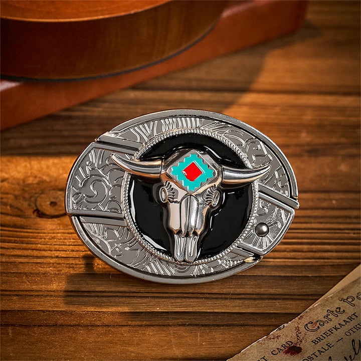 Ceinture en cuir avec boucle de couteau pliant dissimulée Desert Spirit Aztec en forme de crâne de taureau et motif de couteau pliant caché - Taureau aztèque - Sans ceinture - Ceinture non incluse - image 0