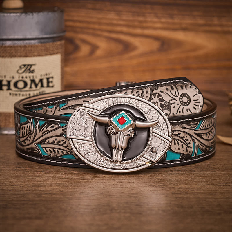Ceinture en cuir avec boucle de couteau pliant dissimulée Desert Spirit Aztec en forme de crâne de taureau et motif de couteau pliant caché - Taureau aztèque - Ceinture à fleurs grises - 42 - image 8