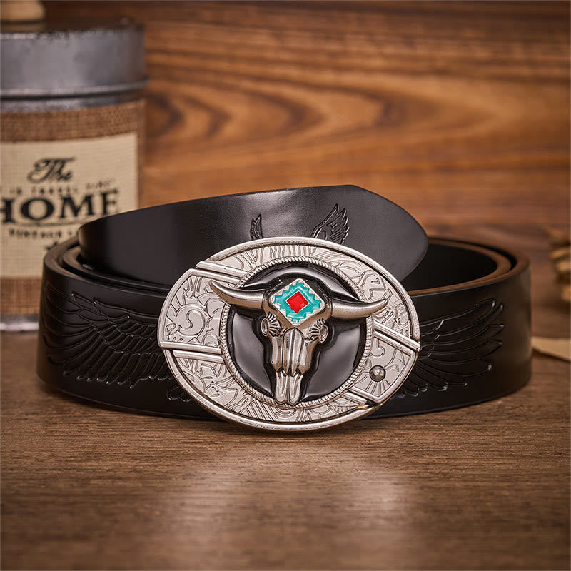 Ceinture en cuir avec boucle de couteau pliant dissimulée Desert Spirit Aztec en forme de crâne de taureau et motif de couteau pliant caché - Taureau aztèque - Ceinture noire à motif aigle en relief - 42 - image 2