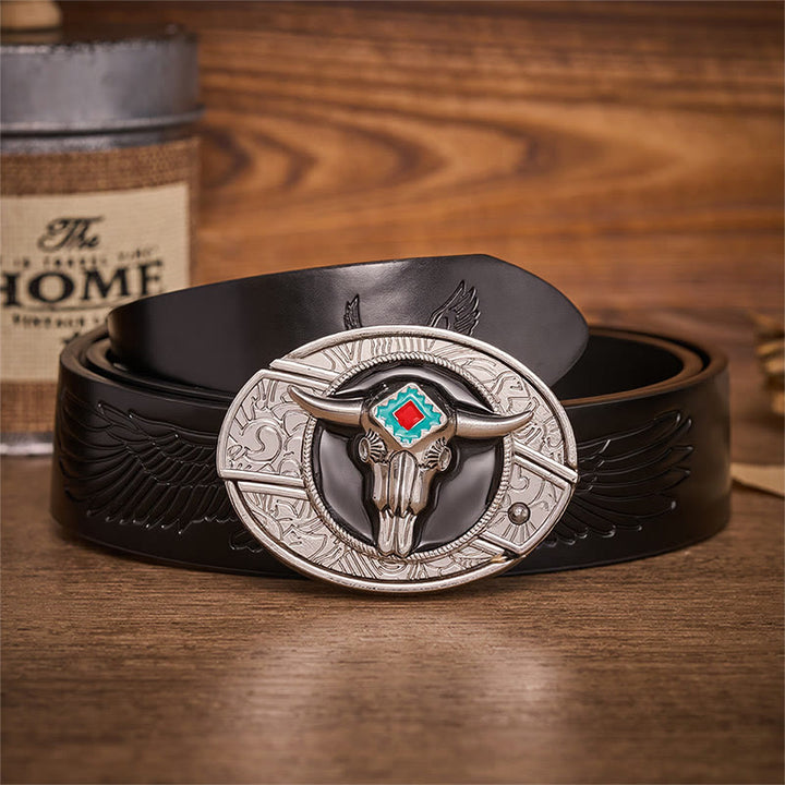 Ceinture en cuir avec boucle de couteau pliant dissimulée Desert Spirit Aztec en forme de crâne de taureau et motif de couteau pliant caché - Taureau aztèque - Ceinture noire à motif aigle en relief - 42 - image 2