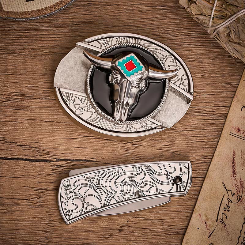 Ceinture en cuir avec boucle de couteau pliant dissimulée Desert Spirit Aztec en forme de crâne de taureau et motif de couteau pliant caché - image 10