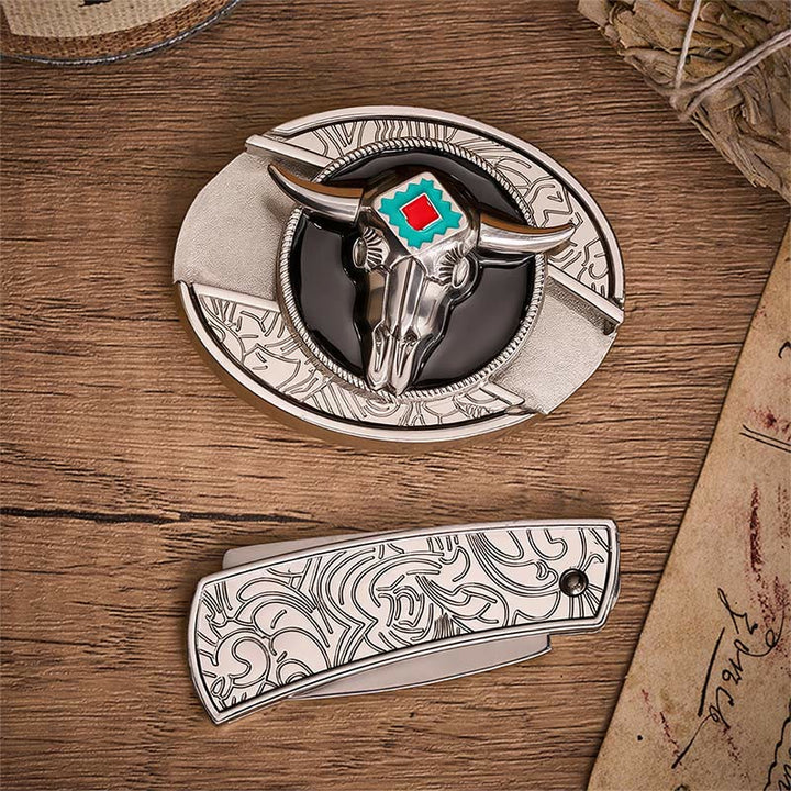 Ceinture en cuir avec boucle de couteau pliant dissimulée Desert Spirit Aztec en forme de crâne de taureau et motif de couteau pliant caché - image 10