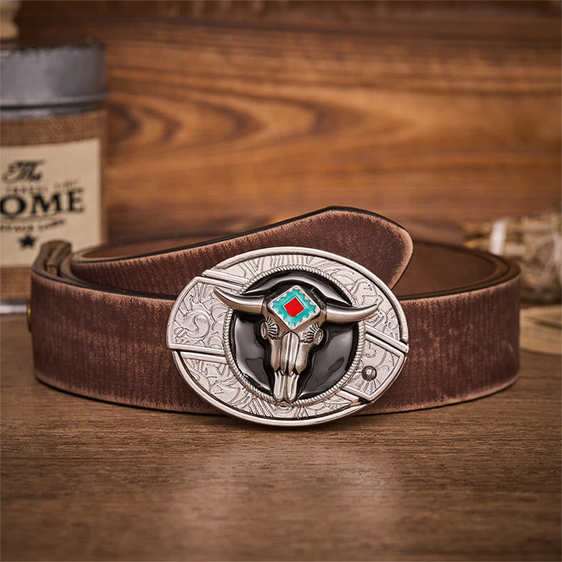 Ceinture en cuir avec boucle de couteau pliant dissimulée Desert Spirit Aztec en forme de crâne de taureau et motif de couteau pliant caché - Taureau aztèque - Ceinture marron vieillie - 42 - image 5
