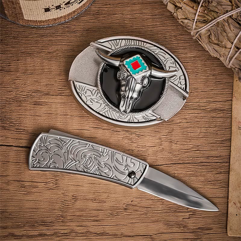 Ceinture en cuir avec boucle de couteau pliant dissimulée Desert Spirit Aztec en forme de crâne de taureau et motif de couteau pliant caché - image 1