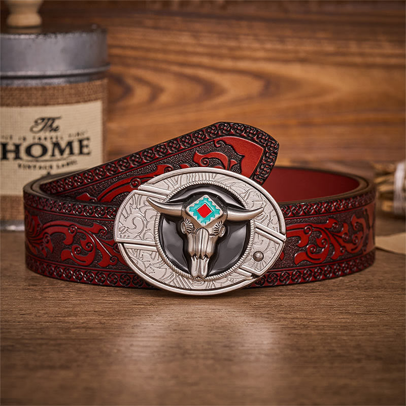 Ceinture en cuir avec boucle de couteau pliant dissimulée Desert Spirit Aztec en forme de crâne de taureau et motif de couteau pliant caché - Taureau aztèque - Ceinture sculptée marron - 42 - image 6