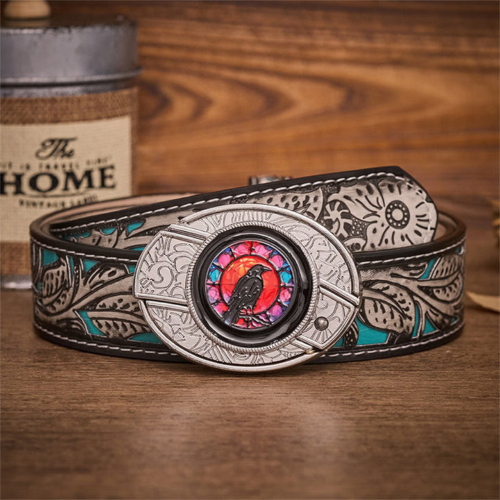 Ceinture en cuir avec boucle de couteau pliant dissimulé Midnight Raven Window - Fenêtre du Corbeau - Ceinture à fleurs grises - 42 - image 8