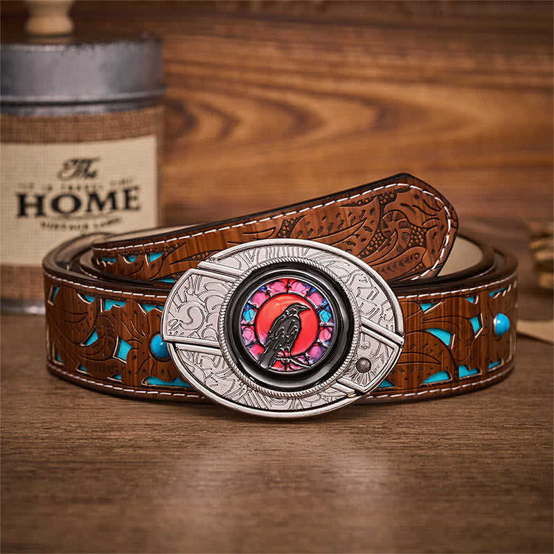 Ceinture en cuir avec boucle de couteau pliant dissimulé Midnight Raven Window - Fenêtre du Corbeau - Ceinture turquoise sculptée - 42 - image 3