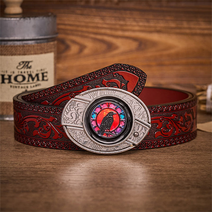 Ceinture en cuir avec boucle de couteau pliant dissimulé Midnight Raven Window - Fenêtre du Corbeau - Ceinture sculptée marron - 42 - image 6