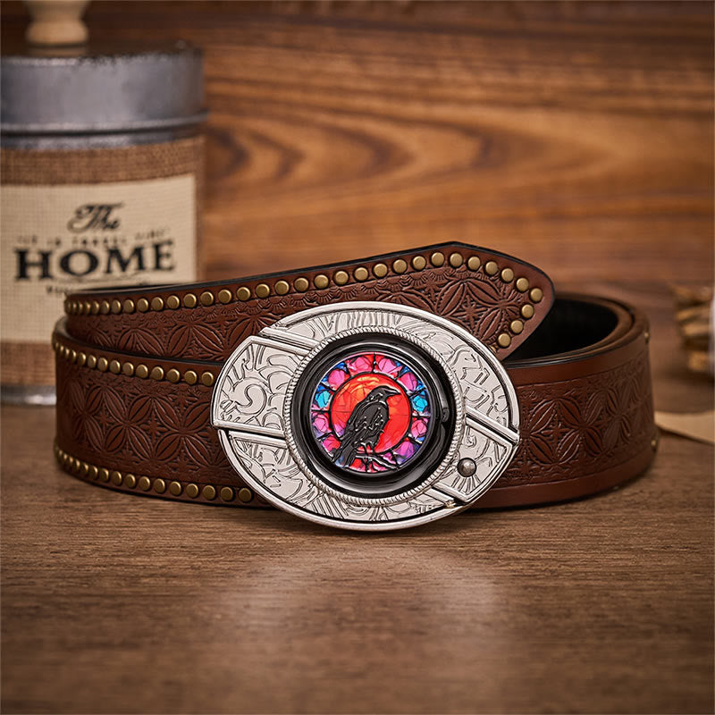Ceinture en cuir avec boucle de couteau pliant dissimulé Midnight Raven Window - Fenêtre du Corbeau - Ceinture à rivets marron - 42 - image 4