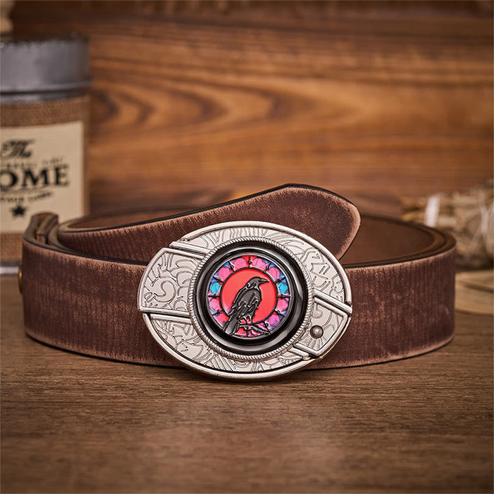 Ceinture en cuir avec boucle de couteau pliant dissimulé Midnight Raven Window - Fenêtre du Corbeau - Ceinture marron vieillie - 42 - image 5