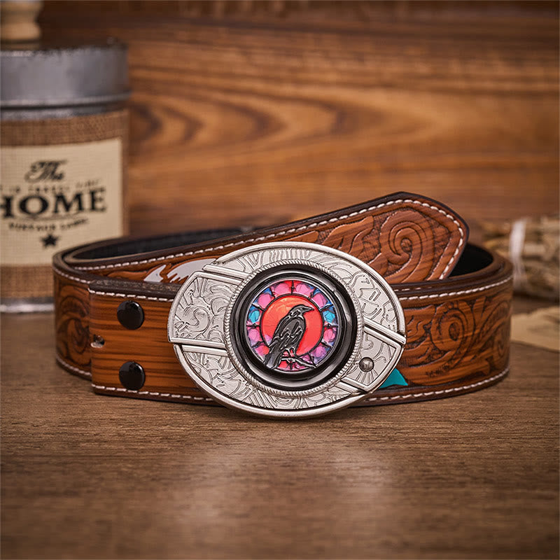 Ceinture en cuir avec boucle de couteau pliant dissimulé Midnight Raven Window - Fenêtre du Corbeau - Ceinture de plumes brunes - 40 - image 7