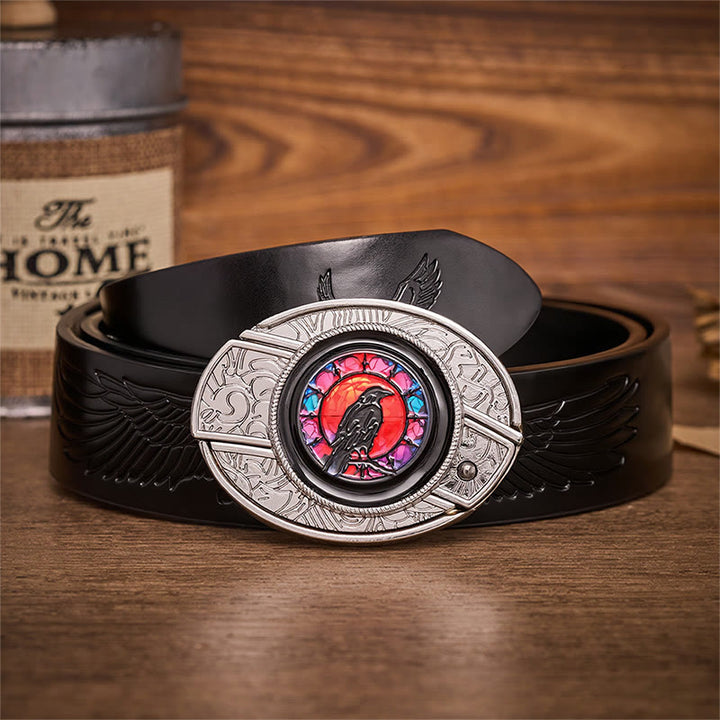 Ceinture en cuir avec boucle de couteau pliant dissimulé Midnight Raven Window - Fenêtre du Corbeau - Ceinture noire à motif aigle en relief - 42 - image 2