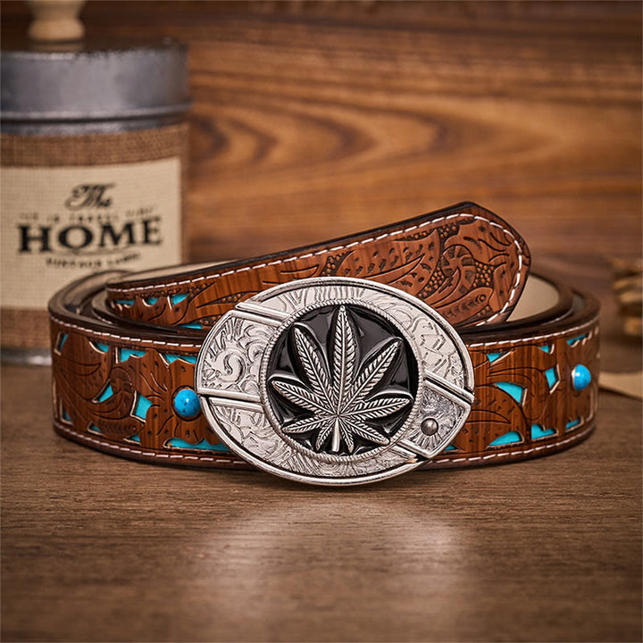 Ceinture en cuir avec boucle de couteau pliant dissimulé Desert Leaf Western - Feuille du désert - Ceinture turquoise sculptée - 42 - image 3