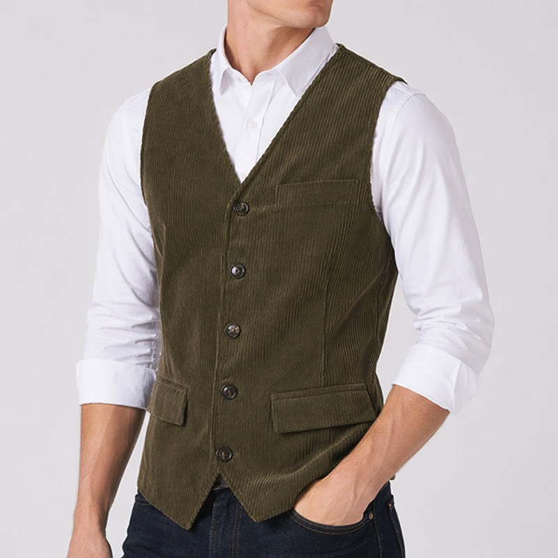 Gilet de costume minimaliste en velours côtelé à col en V, style rétro Ivy League - image 3