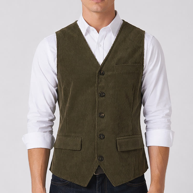 Gilet de costume minimaliste en velours côtelé à col en V, style rétro Ivy League - image 1