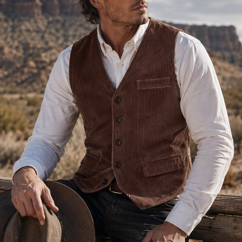 Gilet de costume minimaliste en velours côtelé à col en V, style rétro Ivy League - Brun foncé - XL - image 4