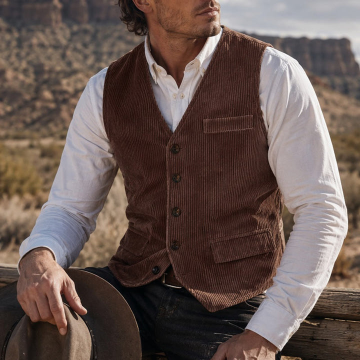 Gilet de costume minimaliste en velours côtelé à col en V, style rétro Ivy League - Brun foncé - XL - image 4