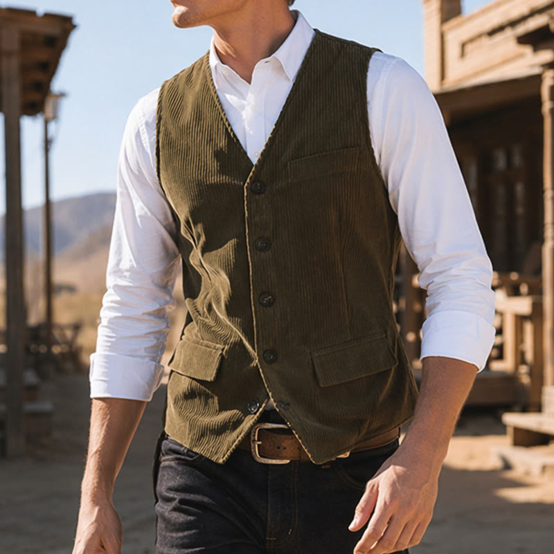 Gilet de costume minimaliste en velours côtelé à col en V, style rétro Ivy League - Vert armée - XL - image 0