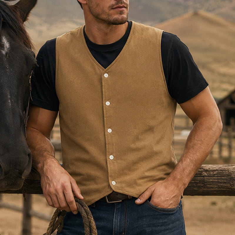 Gilet d'été simple pour homme en coton et lin uni - Kaki - 3XL - image 5