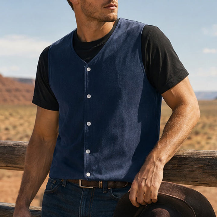 Gilet d'été simple pour homme en coton et lin uni - Marine - 3XL - image 4