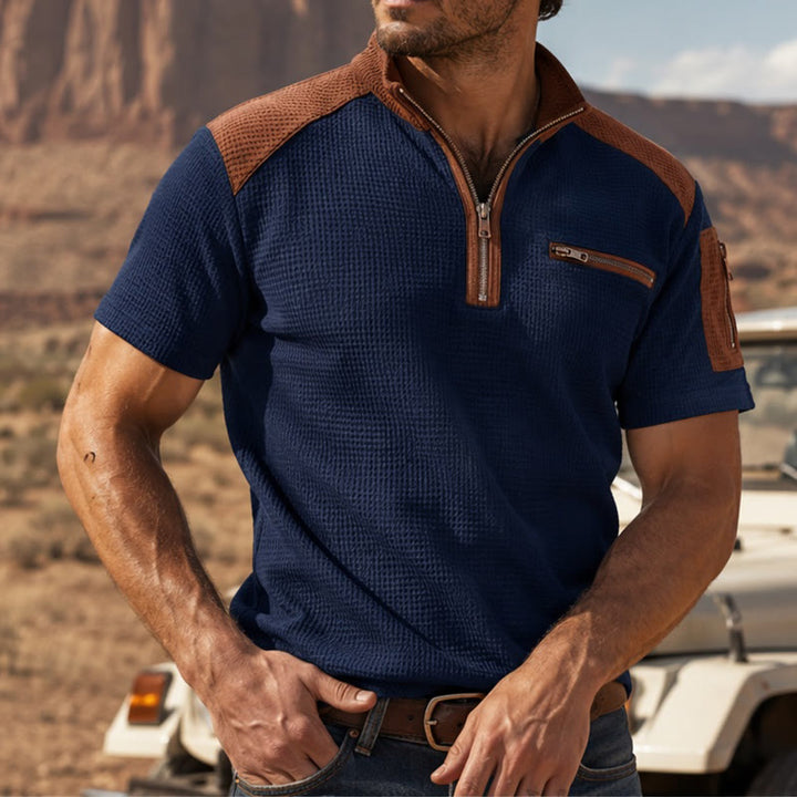 Polo homme à fermeture éclair et texture gaufrée - Marine - 3XL - image 0