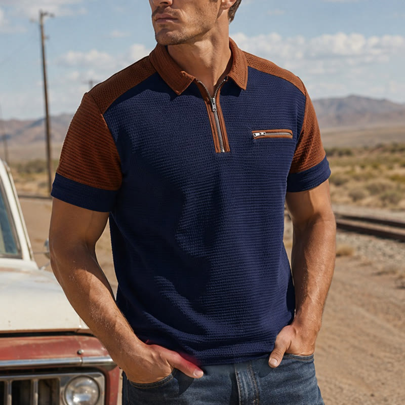 Polo d'été rétro à col zippé pour homme - Marine - 3XL - image 6