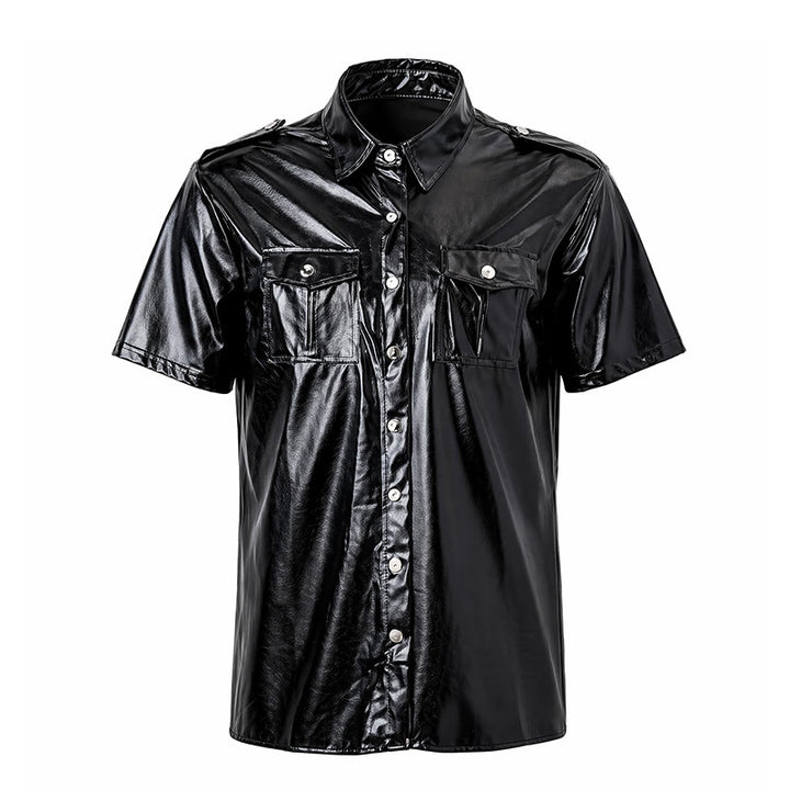 Chemise de motard en similicuir noir brillant style western - image 9