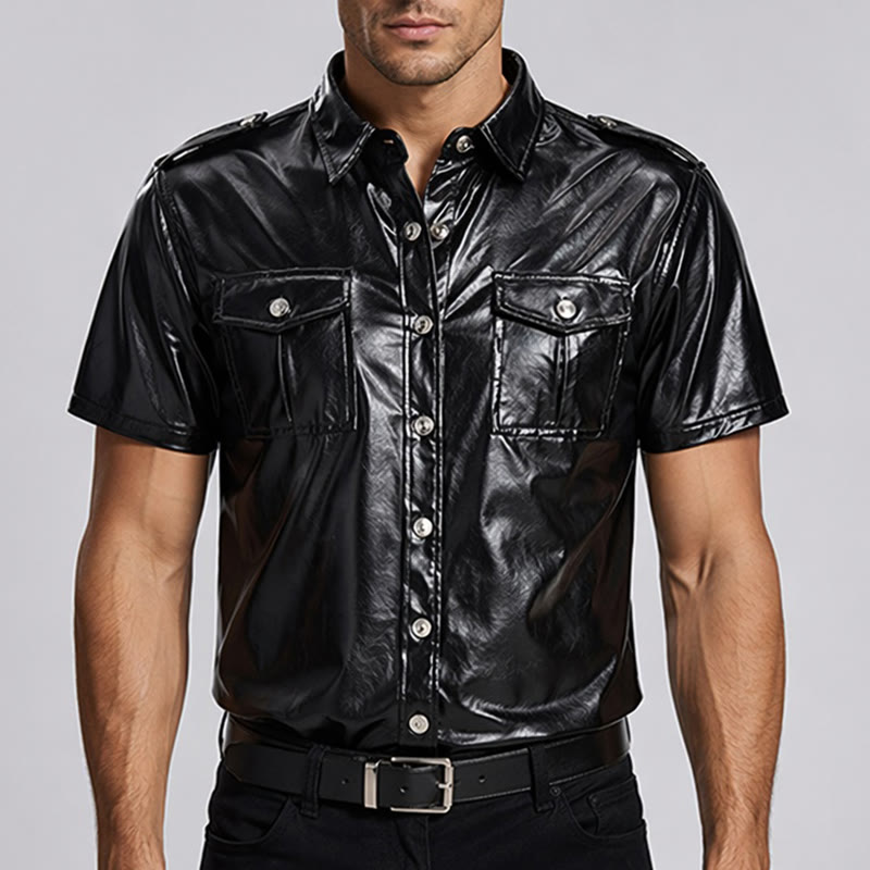 Chemise de motard en similicuir noir brillant style western - image 1