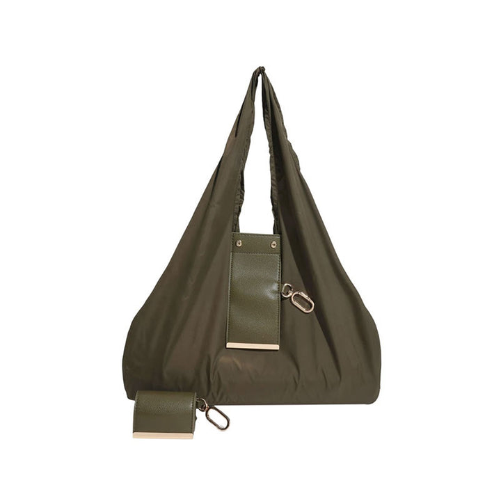 Sac fourre-tout pliable en nylon avec porte-clés et accent en cuir - Vert armée - Petit - image 14