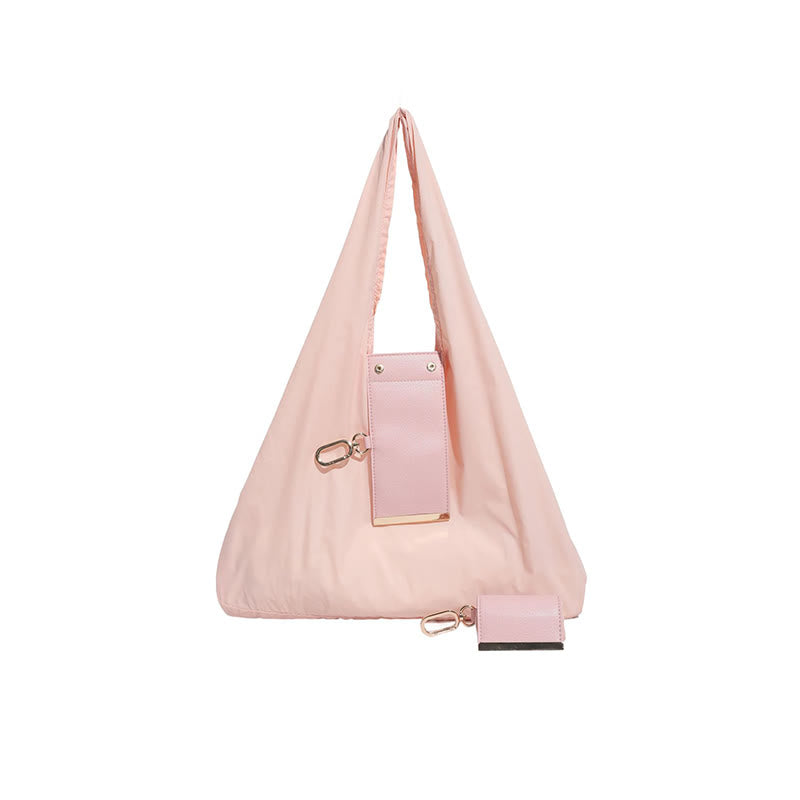 Sac fourre-tout pliable en nylon avec porte-clés et accent en cuir - Rose - Petit - image 19