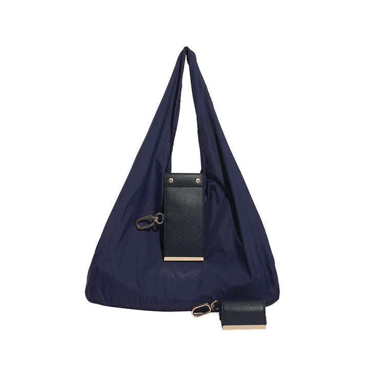 Sac fourre-tout pliable en nylon avec porte-clés et accent en cuir - Bleu foncé - Petit - image 22