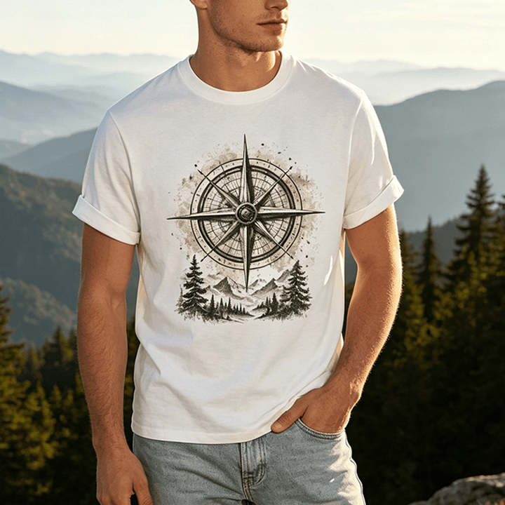 T-shirt western vintage à motif aquarelle de boussole de montagne - image 0