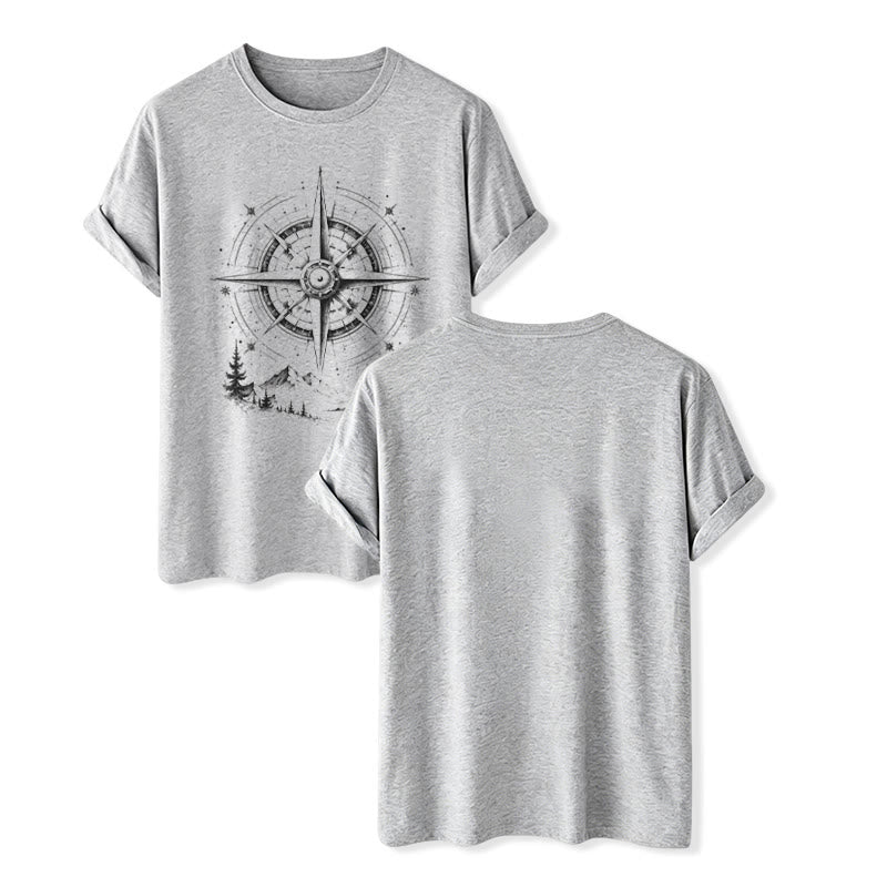 T-shirt western avec motif boussole de montagne dessinée à la main à l'encre noire - Gris - 2XL - image 8