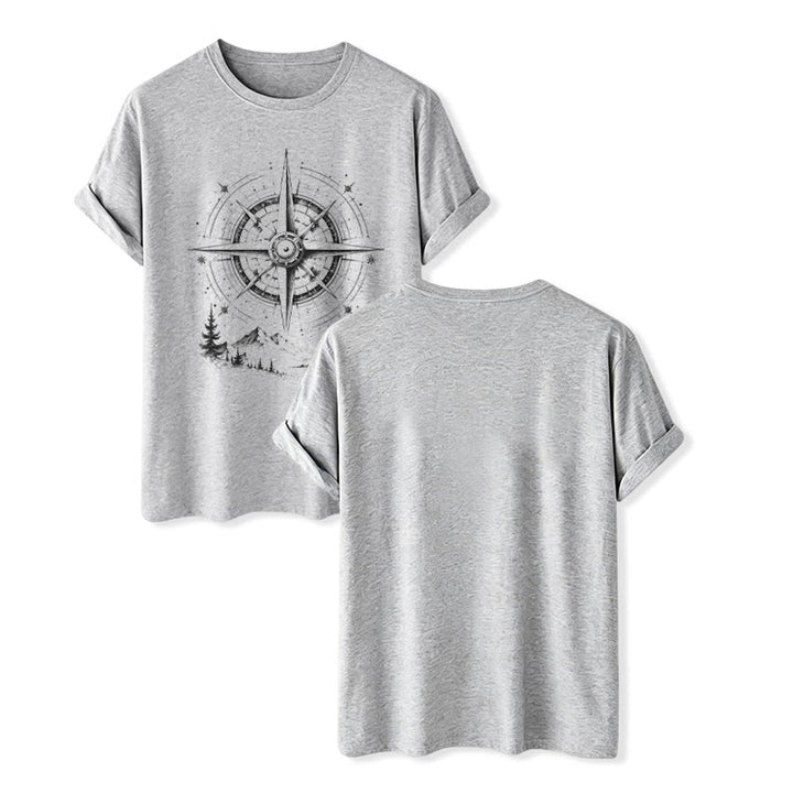 T-shirt western avec motif boussole de montagne dessinée à la main à l'encre noire - Gris - 2XL - image 8