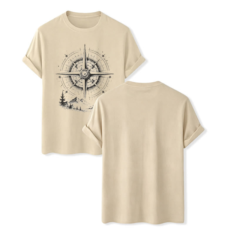 T-shirt western avec motif boussole de montagne dessinée à la main à l'encre noire - Beige - 2XL - image 6