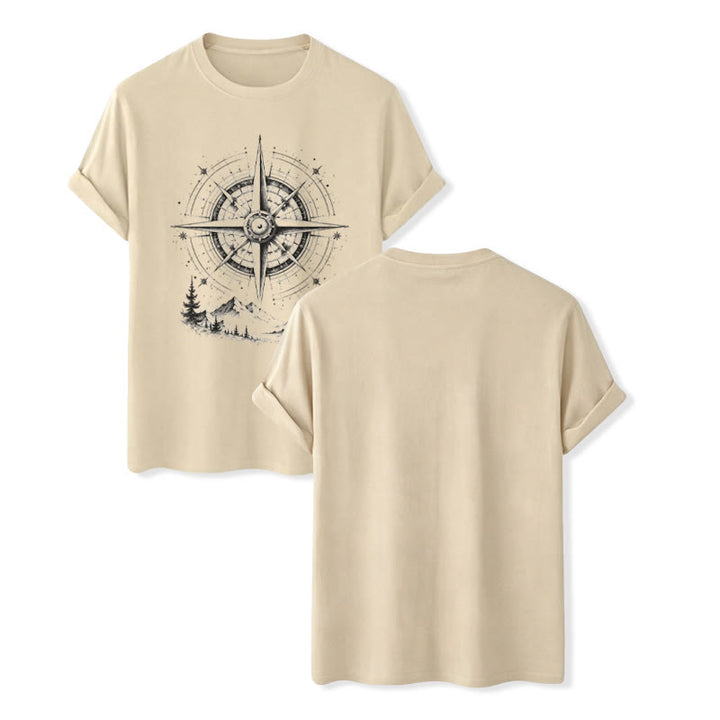 T-shirt western avec motif boussole de montagne dessinée à la main à l'encre noire - Beige - 2XL - image 6