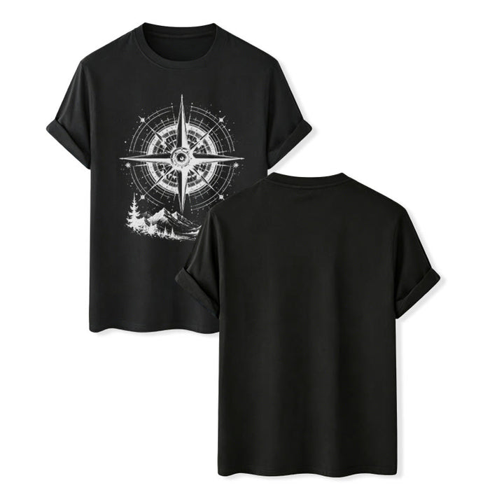 T-shirt western avec motif boussole de montagne dessinée à la main à l'encre noire - Noir - 2XL - image 12
