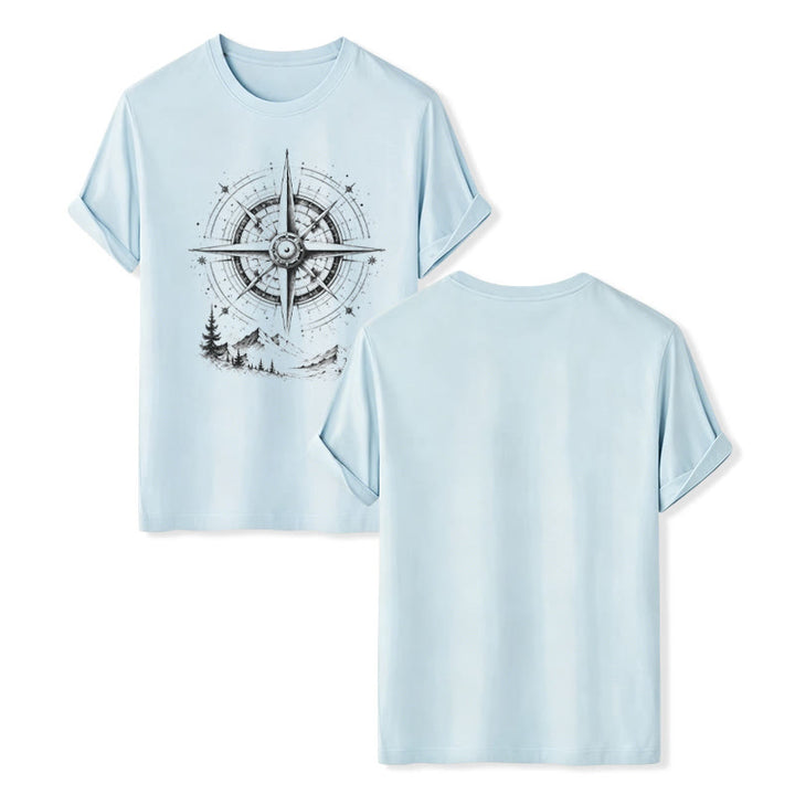 T-shirt western avec motif boussole de montagne dessinée à la main à l'encre noire - Bleu - 2XL - image 9