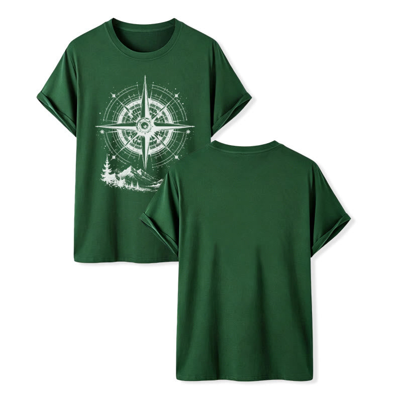 T-shirt western avec motif boussole de montagne dessinée à la main à l'encre noire - Vert foncé - 2XL - image 13