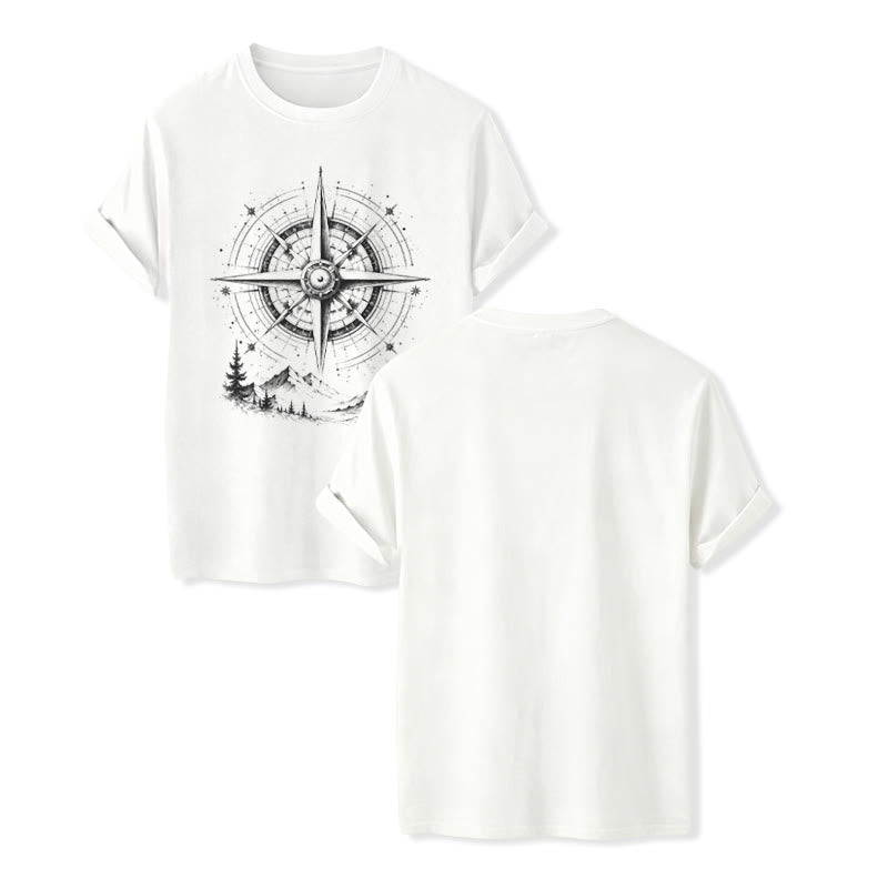 T-shirt western avec motif boussole de montagne dessinée à la main à l'encre noire - Blanc - 2XL - image 5