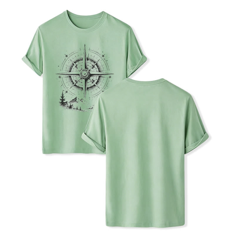 T-shirt western avec motif boussole de montagne dessinée à la main à l'encre noire - Vert - 2XL - image 10