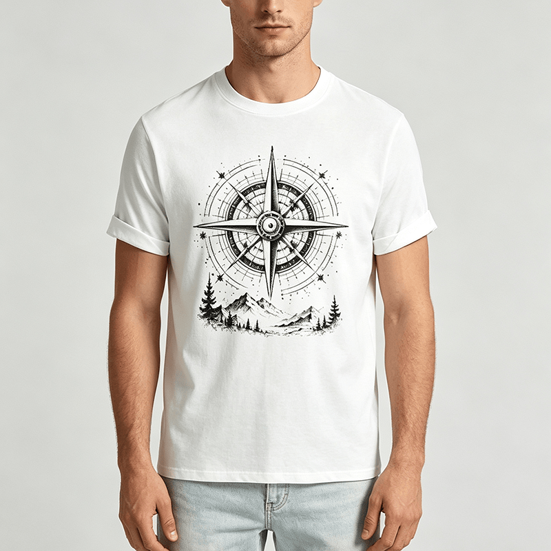 T-shirt western avec motif boussole de montagne dessinée à la main à l'encre noire - image 1
