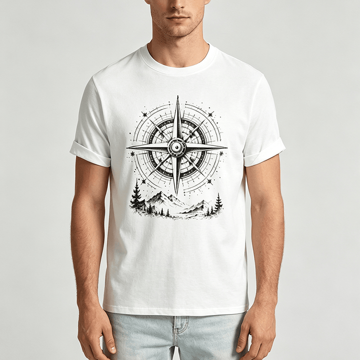 T-shirt western avec motif boussole de montagne dessinée à la main à l'encre noire - image 1