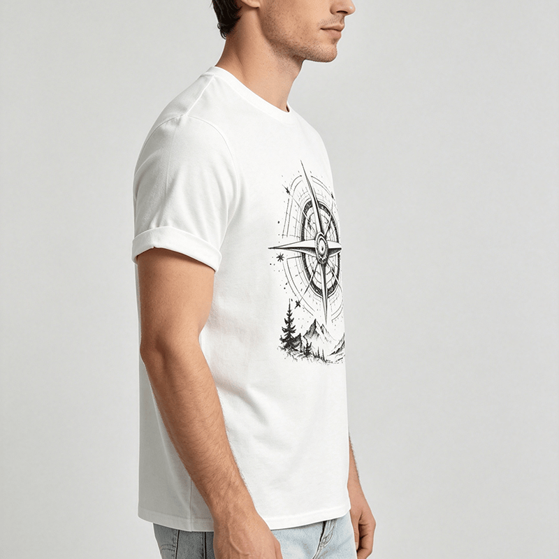 T-shirt western avec motif boussole de montagne dessinée à la main à l'encre noire - image 2