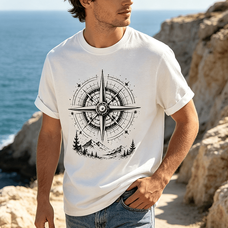 T-shirt western avec motif boussole de montagne dessinée à la main à l'encre noire - image 0