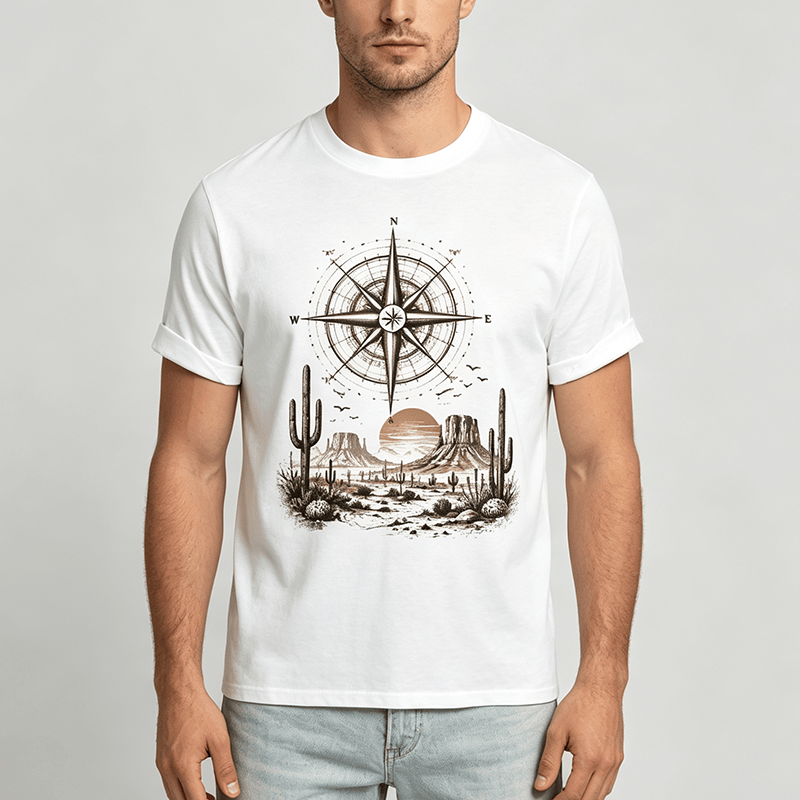 T-shirt imprimé avec un cactus et une boussole du désert occidental - image 1