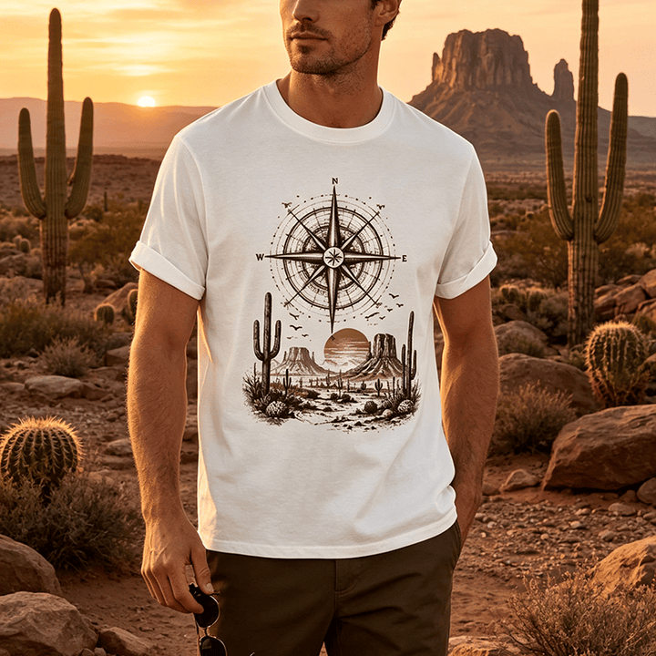 T-shirt imprimé avec un cactus et une boussole du désert occidental - image 0