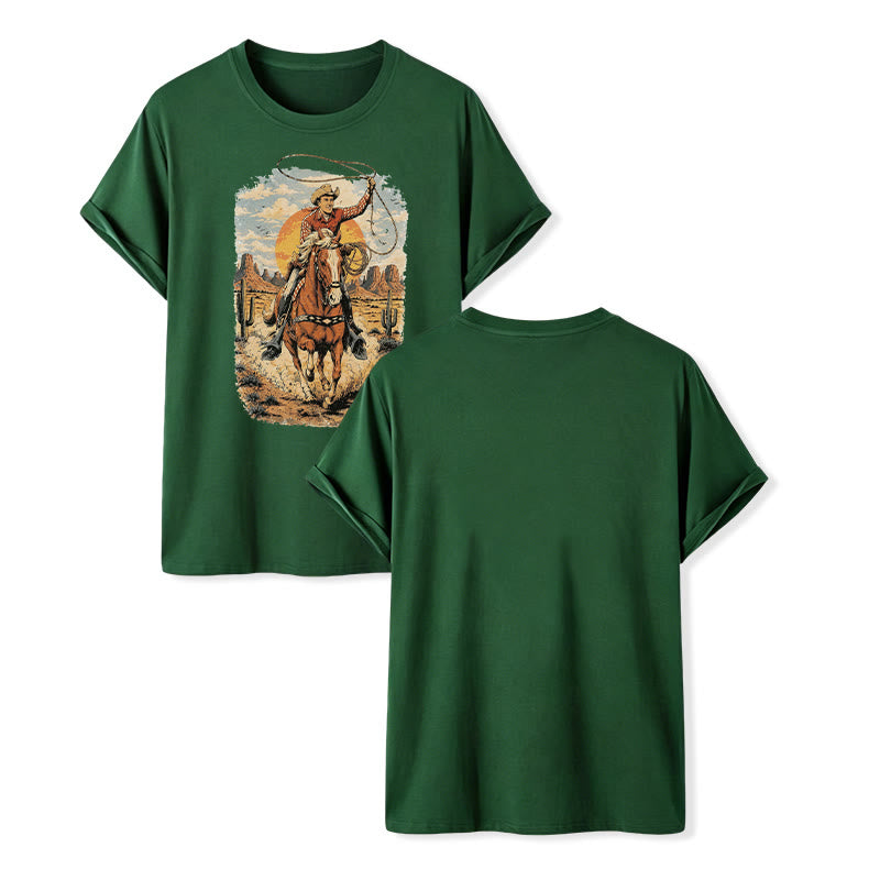 T-shirt imprimé graphique Sunset Desert Cowboy Lasso - Vert foncé - 2XL - image 13